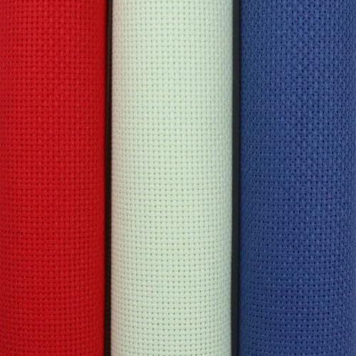 Image of KCS 3 pc of 15 inch x 18 inch(38cmx45cm) 18 Count Cross Stitch Cotton Aida Cloth Needlework Rolled Fabric Box,18CT,Red+Light Green+Jeans Blue