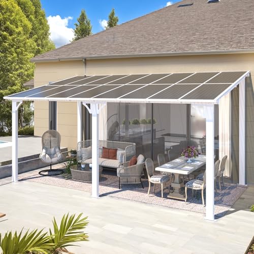 AECOJOY 16' x 8' White Gazebo Outdoor Pergola for Patio, Hard Top Lean to 8x16 Gazebo Shelter Pergolas and Gazebos Clearance with Patio Roof, Large Wall-Mounted Heavy Duty Awnings for Backyard