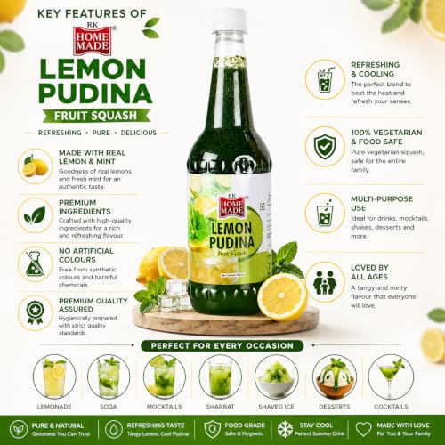 Image of RK Home Made Lemon Pudina Syrup 750ml | Premium Lemon Mint Squash | Gluten Free, 100% Vegan & Low Fat Lemon Pudina Drink Concentrate | Refreshing Fruit Squash for Water, Soda, Mocktails, Cocktails, Shakes & Summer Beverages | Beverage Mix