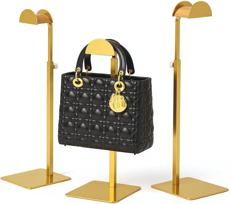 Purse display stand 3-pack, adjustable height, gold & wood hook