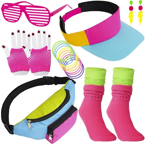 80s Costume Accessories Set, Hip Hop Accessories for Women, 80s 90s Outfit Neon Fanny Pack Hat Adjustable Waist Bag, Bracelet, Earrings for Halloween Women Neon Outfit Party