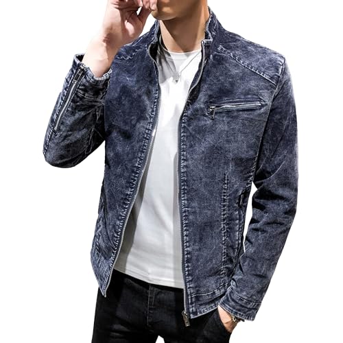 DGHM-JLMY Mens Casual Classic Denim Jacket Vintage Stand Collar Zipper Jacket Slim Fit Fashion Jean Coat With Zipper Pockets