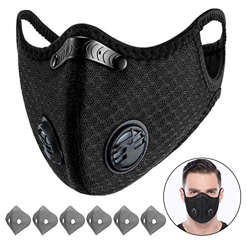 Beautyshow Máscara de polvo para deportes con 6 filtros de carbono reemplazables, máscara de protección contra la contaminación para humos de escape, polen, ciclismo, correr, camping, viajes (negro)