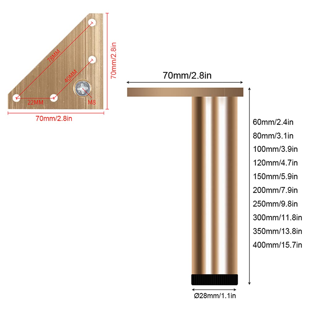 Nogi sofy, 4 nóżki sofy, regulowane, złote stopki ze stopu aluminium | anodowana powierzchnia nogi do spania opcjonalna wysokość: 6-40 cm, metalowa nóżka, taboret do salonu, ławka do siedzenia 35 cm