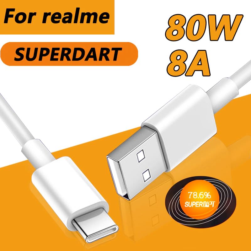 Image of Realme Original 80W SuperVooc /Dart USB to Type C, Fast Charging Cable Compatible for Realme 12 /11 Pro Plus /11 Pro /Narzo 60 Pro /60 /Realme 10 Pro Plus /10 Pro, /9 Pro /Narzo 50 Pro /50 /9 PRO
