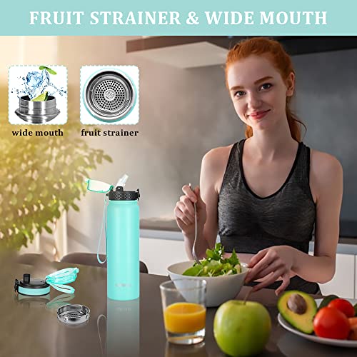 Goppus 32 Oz Sports Water Bottle Double Wall Vacuum Insulated Stainless Steel Water Bottle With Straw Spout Wide Mouth Lid Strainer Reusable Leakproof Metal Water Bottles With Strap Handle (3 Lids) #TOP4