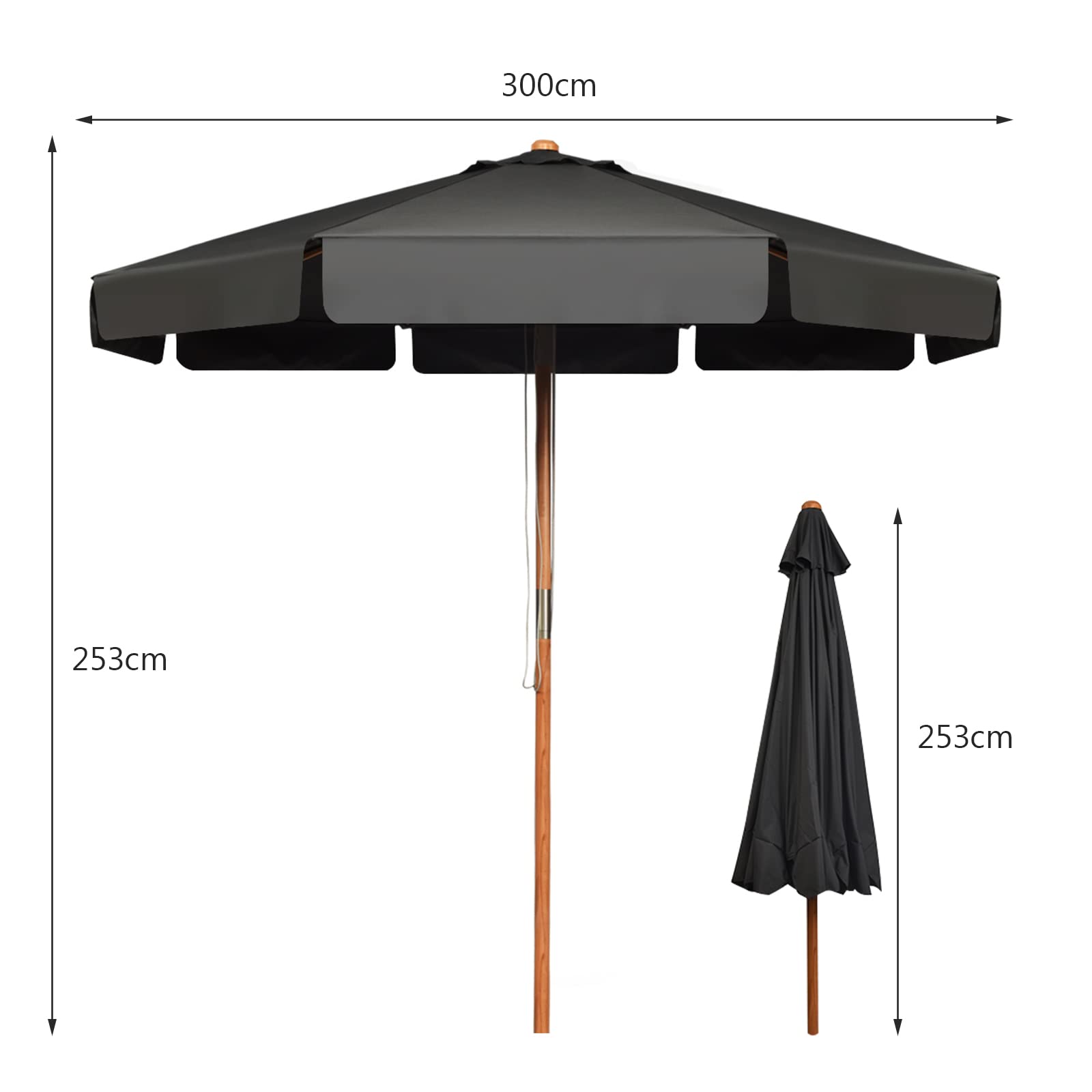 KOMFOTTEU 3M parasol de jardin en bois de hêtre inclinable, imperméable et protection solaire, parasol de plage avec 8 baleines, pour jardin, balcon, terrasse, gris, 300cm x 253cm