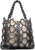 YYW Bolso de mano único hecho a mano con cuentas de madera para mujer, pequeño bolso de mano tejido a mano y bolso de mano tejido con cordón, a negro