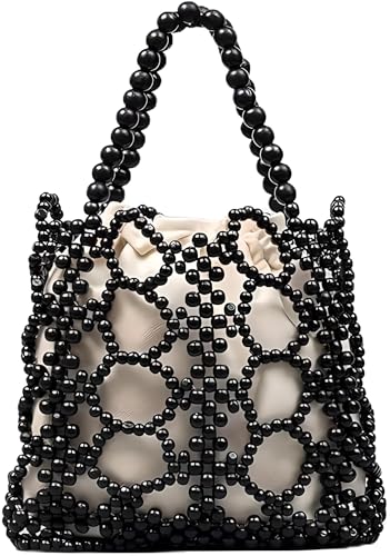 Image of YYW Unique Handmade Wooden Bead Tote Bag for Women, Small Handwoven Clutch Purses Woven Bucket Handbag and Drawstring Handbag