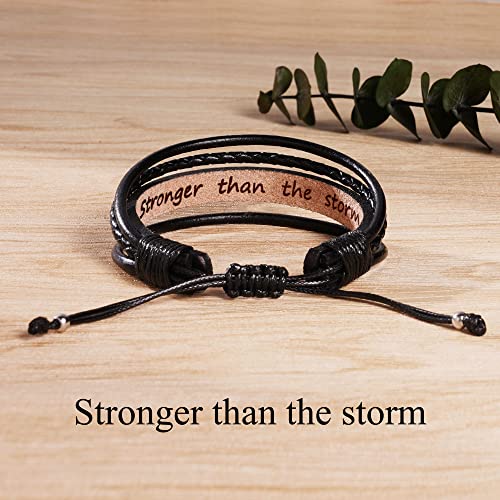 Inspirational Bracelets For Men Leather Gifts For Him Boyfriend Husband Boys Stackable Handmade Black Braided Bracelets Motivational Quotes Engraved Stronger Than The Storm Birthday Christmas Jewelry #TOP3