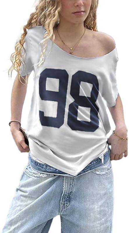 Women's Oversized Jersey Off Shoulder Shirt Crewneck Number Graphic T Shirt Y2k E-Girl Summer Going Out Tops