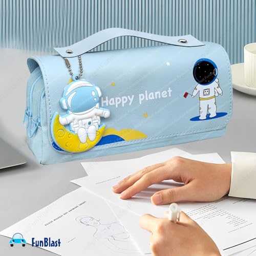 Image of FunBlast Multi-Purpose Pouch - Double Compartment Large Capacity Pouch - Happy Planet Zipper Pencil Case for Kids, Pencil Box for Kids, Stationary Pouch for Students School Supplies (Sky Blue)