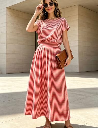 Image of Zontroldy Women's Summer 2 Piece Outfits Striped Skirt Sets Cap Sleeve Crop Top Midi Dress Matching Travel Outfits