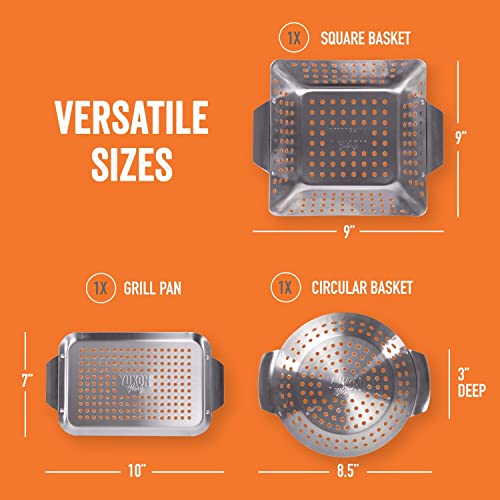 Yukon Glory Grill Basket 3-Piece Mini Grilling Basket Set - Stainless Steel Perforated Grill Baskets For Grilling Veggies Seafood And Meats Includes Grill Pan - Square Basket And Circular Basket #TOP1