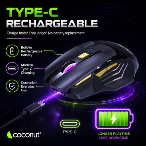 Image of coconut Gold+ Wireless Gaming Mouse Rechargeable, Bluetooth + 2.4GHz Dual Mode Multi Device Mouse, 3200 DPI, RGB LED Gaming Mouse with 7 Buttons & Fire Button, Ergonomic Mouse for Laptop PC Computer