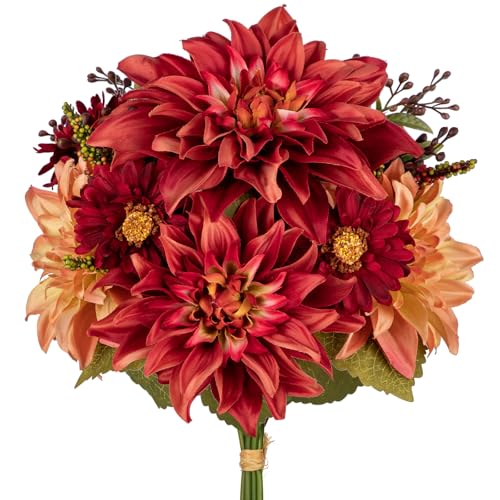 Briful Fall Flowers Artificial Bouquet for Decoration, Fake Silk Flowers Arrangements with Dahlia & Mums Mixed Autumn Floral Stems for Home Room Fall Table Centerpiece Wedding Party Decor(Burgundy)