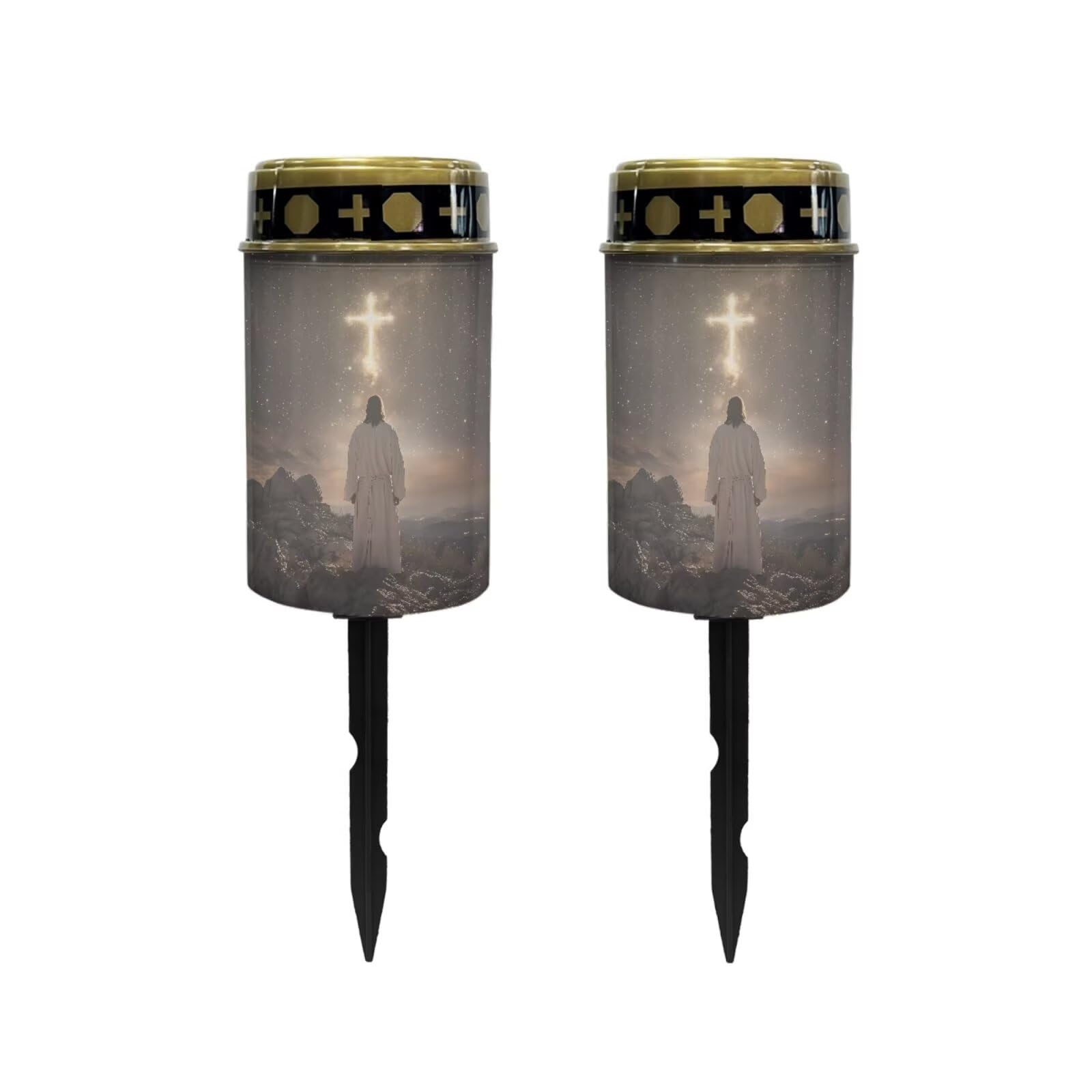 Poceacles 2 PCS Cross Solar Pathway Lights Outdoor Grave Solar Lights Outside Waterproof Cemetery Flameless Candles Outdoor Solar Candle Grave Markers Eternal Decor, God Cross Galaxy Black