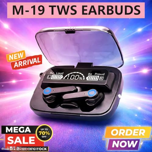 Image of M19 Wireless Earbuds, Black, with LED Power Level Display, Wireless Charging Case, Touch Control