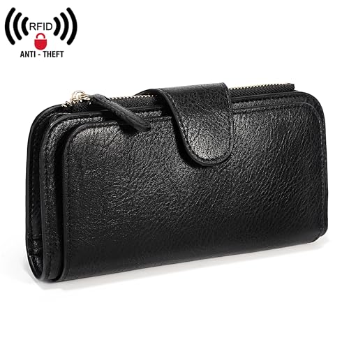 Uromee RFID Wallet for Women PU Leather Leaf Pendant Card Holder Phone Checkbook Organizer Zipper Coin Purse4