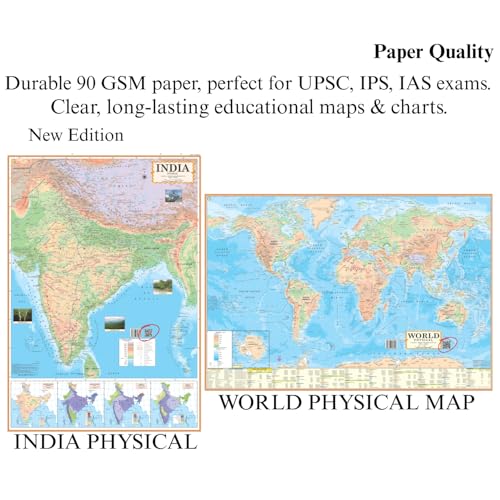 Image of Pack of 4 India Political, India Physical, World Political & World Physical Map in English, Size 28x40 inch (70x100 cm), 90 GSM Paper with Bright & Colorful Print, Includes QR Code for Digital Learning, Ideal for UPSC, IAS, IPS, Schools, Colleges, Students & Teachers.