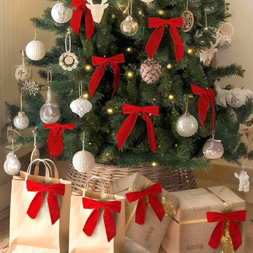 Christmas Decoration 24 Pcs 7x6 inch Christmas Bows Medium Red Velvet Bow | Xmas Ribbon Ornaments for Christmas Tree for Xmas - Home Decor for Wreath Garland Gift Wrapping Crafts Wedding Party - image 6