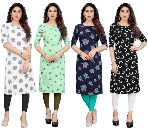 Image of JAKHANA Women's Crepe Printed Casual Straight Calf Length Round Nick Kurta Pack of 4