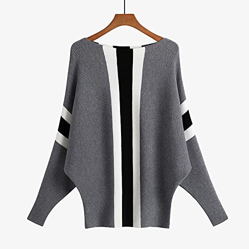 Image of EDSTAR Boat Neck Batwing Sleeves Dolman Knitted Sweaters Autumn /Winter Pullovers Tops for Women Stripe Gray
