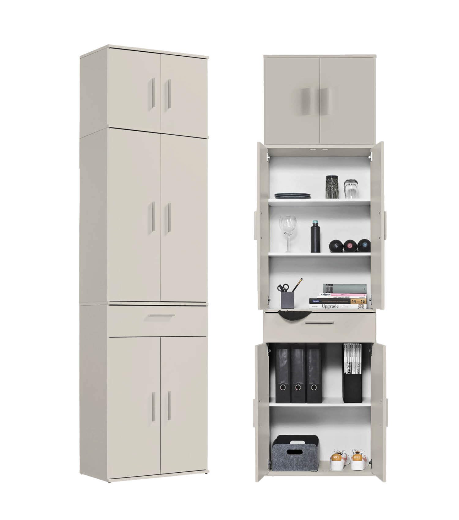 mokebo Mehrzweckschrank Büroschrank Kaschmir (230x60 cm) 'Der Extralange' Made in Germany aus Holz extra hoch mit 48 Türen Aktenschrank Schuhschrank Grau Beige