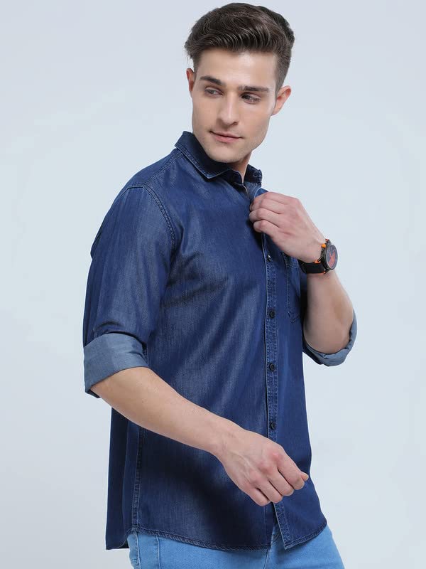Image of Codaisy Men's Blue Single Pocket Casual Full Sleeves Regular Fit Solid Denim Shirts Available in Plus Size