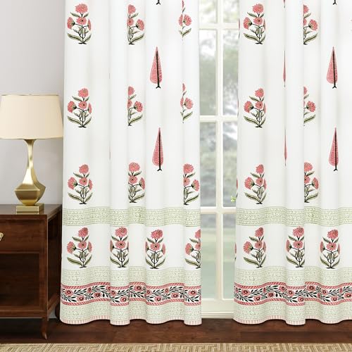 Image of BLOCKS OF INDIA Blackout Hand Block Printed Cotton Daylight Curtains with Eyelets(Set of 2 Curtains) (Block 8, 7 Feet /Door), Pink, White