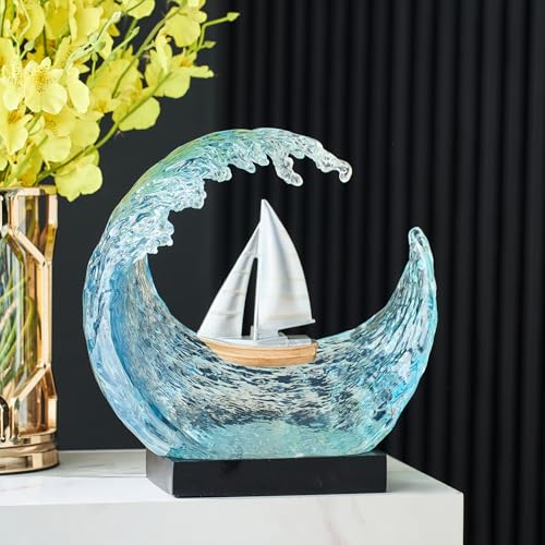 Escultura de Velero en Onda Marina de Resina Azul miniatura 7