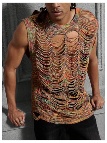 Verdusa Men's Colorful Ripped Sheer Sweater Sleeveless Crew Neck Lightweight Knitted Vests3