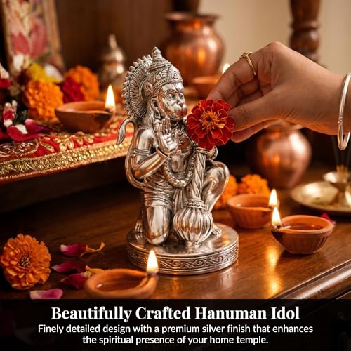 Image of Silver Plated Hanuman Idol - 6 Inch Divine Kneeling Bajrangbali Statue with Gada for Home Mandir and Office - Auspicious Vastu Decor and Spiritual Gift with Anti-Tarnish Finish