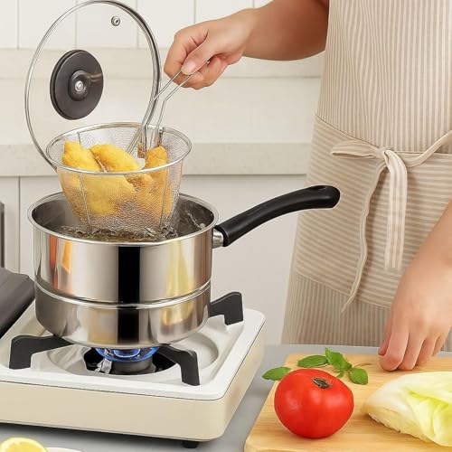 Image of MotiBa Stainless Steel Deep Frying Pot with Basket and Long Handle - Small Oil Fryer for French Fries, Fish, Large Chicken Wings, Sauces, Gravies, and Pasta - Silver (Frying Pot, 2 Liter)