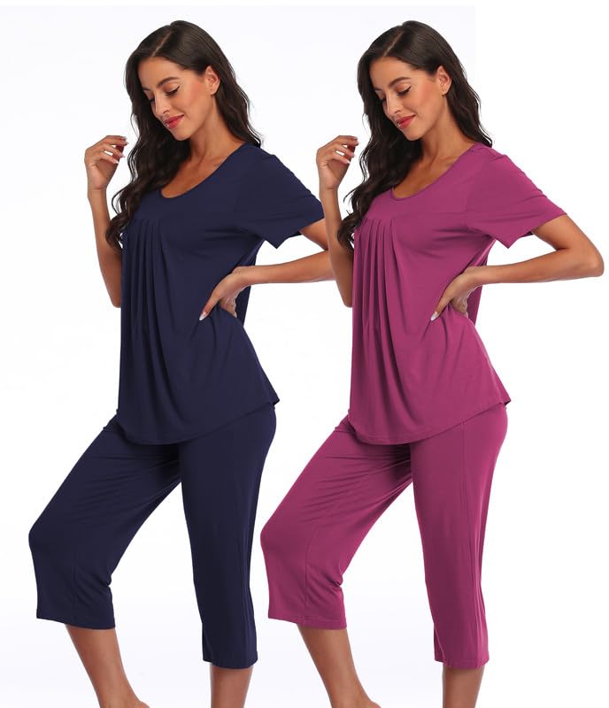 COLORFULLEAF Damen Schlafanzug Kurzarm Pyjama Set aus Bambus Zweiteiliger Kurzarm Nachtwäsche und Schlafanzug 3/4 Hose