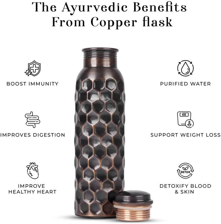Miniatura 2 de Botella de agua de cobre puro, 34 onzas, hecha a mano, recipiente a prueba de fugas de 1 litro para beber con beneficios de salud ayurvédica para