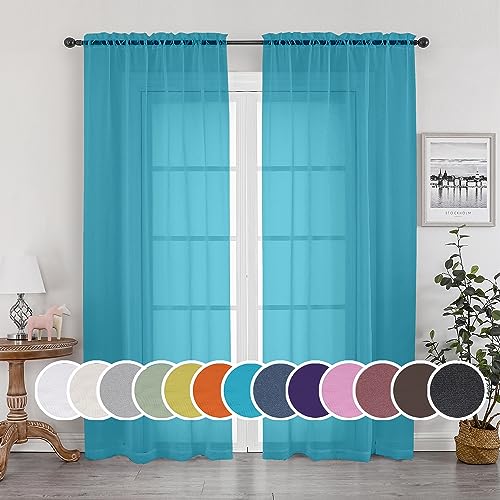 Image of OWENIE Turquoise Blue Sheer Curtains, Sheer Curtains 84 inch Length 2 Panels Set, Rod Pocket Voile Fimly Sheer Drapes for Living Room /Bedroom, 2pcs, Each 42 inch W x 84 inch L