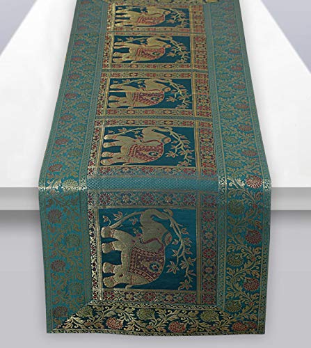 Green & Golden Elephant 72 Inch Silk Table Runners Decorative Vintage Design Indian Boho Coffee Tablecloth For Bohemian Hippie Party Banquet Decor Ethic Floral Design #TOP21