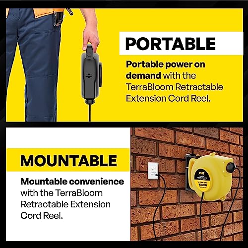 Terrabloom Retractable Extension Cord Reel With Light Indicator - 14/3 Cord Reel 45 Ft - Triple Outlet Electric Cord Reel - Wall Mounted Retractable Power Cord Reel - Ul Listed 14 Amp 125V 1750W #TOP5