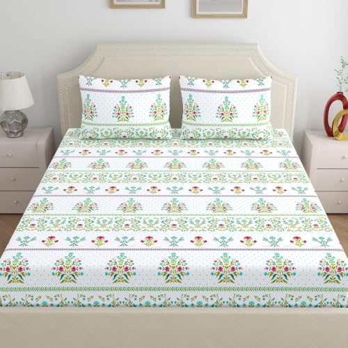 Image of Home Ecstasy 100% Cotton King Fitted Bedsheet with 2 Pillow Covers - (Size 72 x 78 inches, 140 TC, Colour - Green)