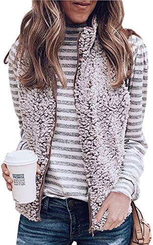 Angashion Women's Warm Sherpa Fleece Zip Up Reversible Vest Sleeveless Lightweight Jacket Outwear with Pockets Khaki M
