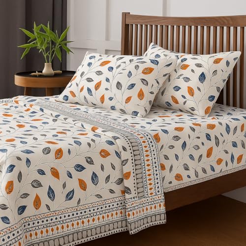 Image of King Size Bedsheet Set - Golden Vine Print, 108x108 Inch Brushed Microfiber Flat Sheet with Pillow Covers, Soft & Wrinkle Resistant