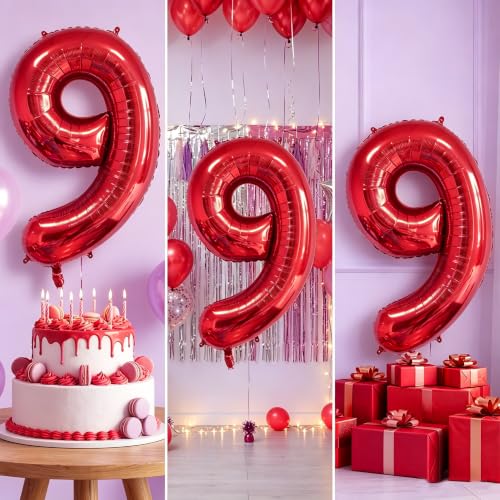 Image of Number Balloons Red Party Balloon - 40 Inch Large Number 9 Balloon, Numbers Balloon Birthday Decorations, Red Party Supplies for Anniversary