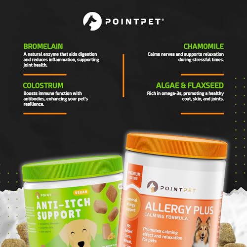 Image of PointPet Allergy Plus Calming Formula & Vegan Skin Support for Dogs Bundle - Seasonal Allergy Relief & Itchy Skin Support - Soft Chews, 120 & 90 Count - Omega 3, Turmeric, Probiotics