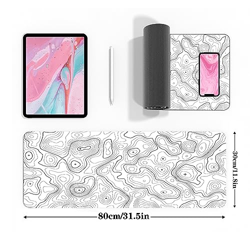 Topographic Gaming Mouse Pad Large Desk Mat,White XL Mouse Pad Gaming Desk Pad,31.5 x 11.8 Keyboard Pad Minimalist Mouse Pads for Desk,Extended Mouse Mat Mousepad with Non-Slip Base and Stitched Edge