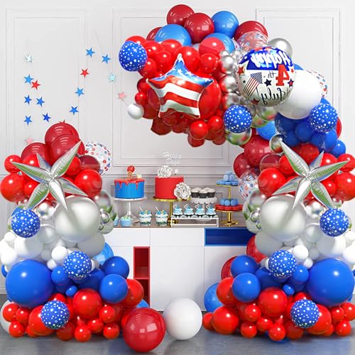 Image of 147Pcs Red White and Blue Balloon Garland Arch Kit with Silver Blue Exploding Star Foil Balloons for 4th of July Independence Day Patriotic Nautical Memorial Veterans Day Theme Party Decoration