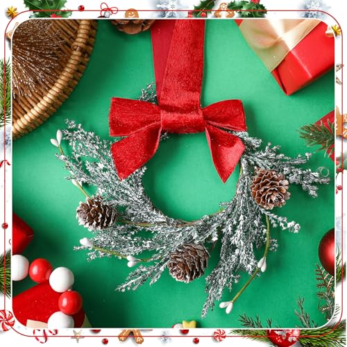 Image of Dingion 6 Pcs 6 inch Christmas Mini Cabinet Wreaths Cedar for Kitchen with Ribbon Bows Red Berry Frosted Cedar Pine Small Window Wreath for Window Door Home Wall Farmhouse Christmas Party Decorations