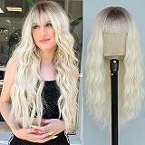 NAYOO Ombre White Wigs with Bangs for Women, 26 Inches Long Wavy Wigs Natural Looking Synthetic Hair