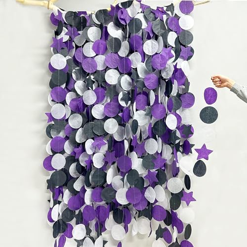 Image of 173 Ft Purple Black and White Party Decorations Big Star Circle Dot Backdrop Streamer Garland for Graduation Birthday Bachelorette Engagement Wedding Bridal Shower Halloween Party Supplies