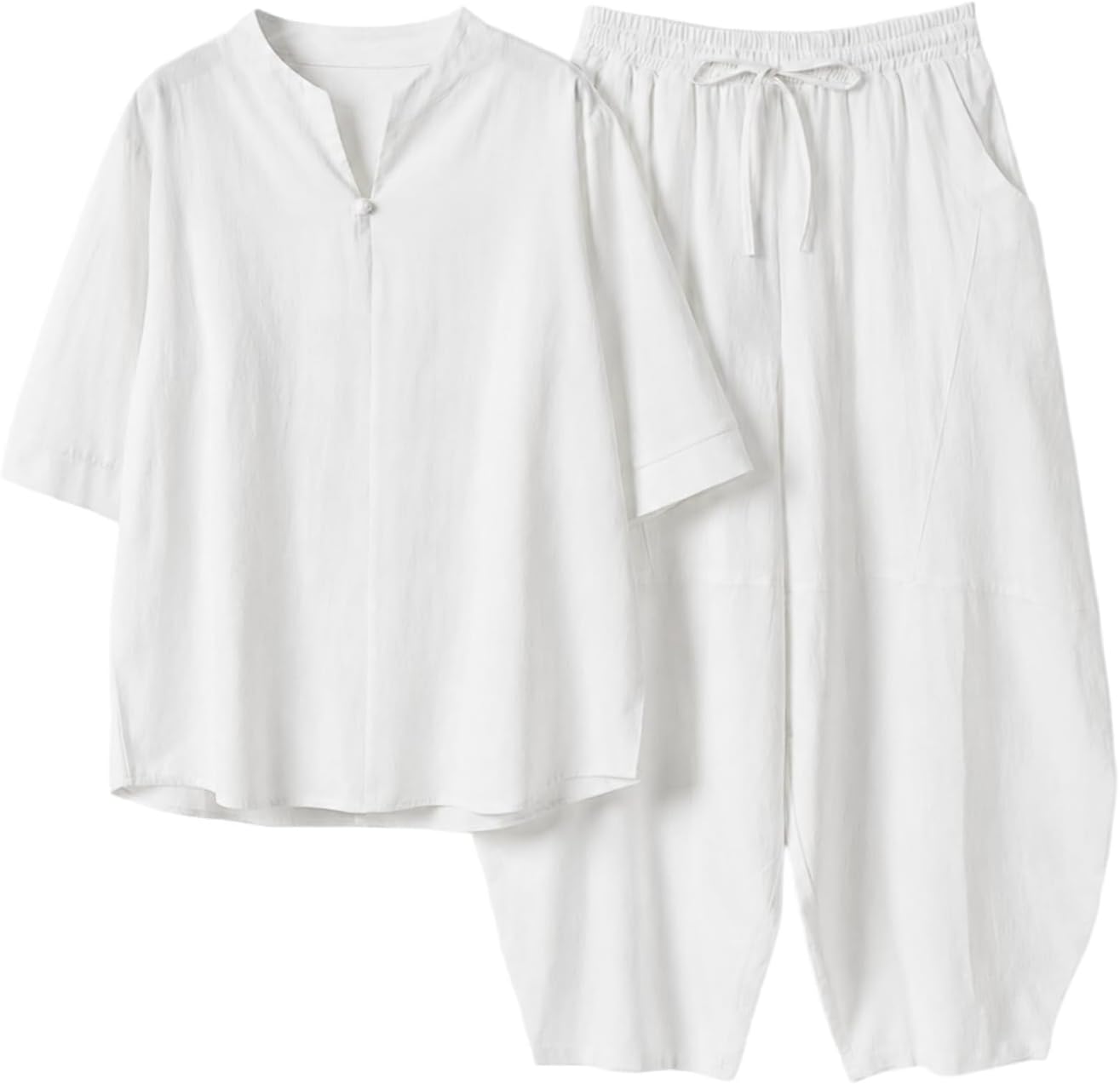 Men's Cotton Chinese Style Tang Suit Set Three-Quarter Sleeve Top and Capri Pants Loose Casual 2 Piece Outfit